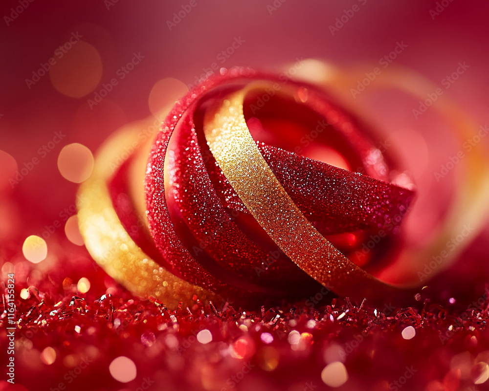 Poster Glittering red and gold ribbon with sparkling festive bokeh background
