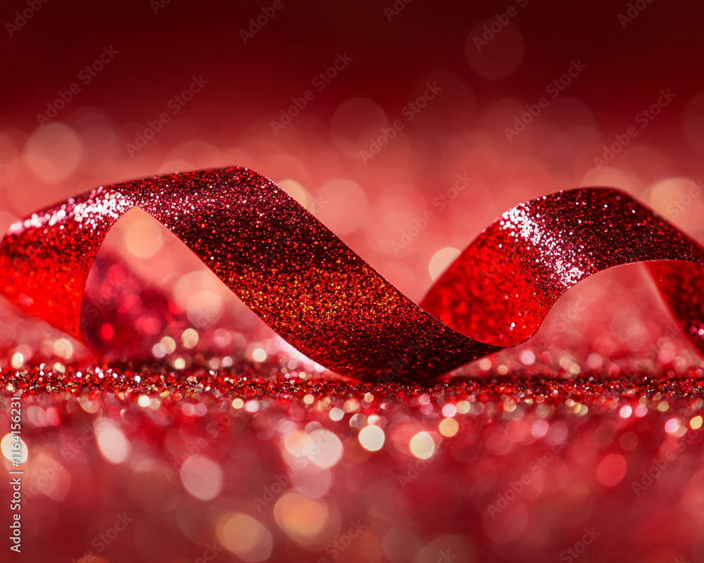 Poster glittering red ribbon with a festive sparkling bokeh background