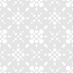Vector minimal seamless pattern. Abstract floral geometric texture with dots, flower silhouettes, stars. Simple light gray ornament. Elegant subtle background. Repeating design for decor, tablecloth