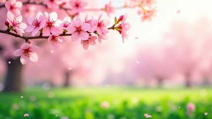 Delightful Spring Blossoms in a Tranquil Garden Setting with Soft Sunlight and Falling Petals