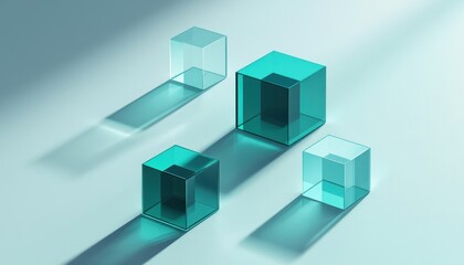  Teal and Clear Glass Cubes Casting Shadows on a Light Blue Background,
