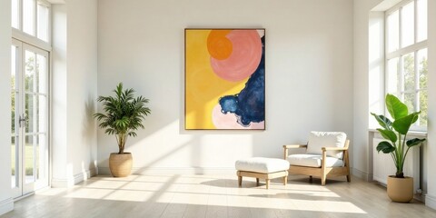 Serene Minimalist Living Room with Abstract Artwork and Natural Light Featuring Wooden Chair and Plants