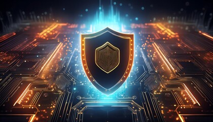 A futuristic shield symbolizing cybersecurity, with glowing circuitry and digital elements highlighting protection and technology.