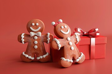 Naklejka premium Gingerbread man figurines with icing decorations, 3d illustration of two light red gift boxes with bows and ribbons, isolated on light red background
