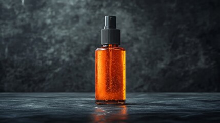 Amber glass spray bottle filled with liquid displayed against a dark background