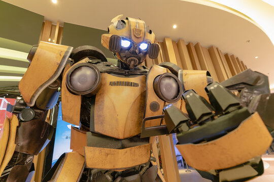 HONG KONG, CHINA - FEBRUARY 01, 2019: close up shot of life-size Bumblebee figure as seen at Star Cinema, PopCorn Mall, Tseung Kwan O.