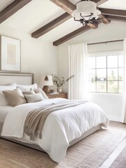 Serene Bedroom with White Bedding and Wooden Beams