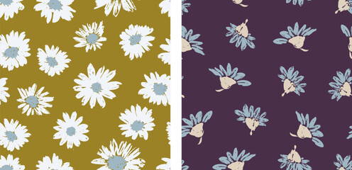 Seamless patterns of hand drawn daisies flowers, fabric, vector, background, textile, wallpaper