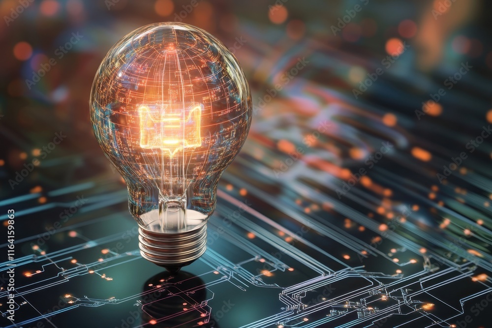 Poster light bulb with digital circuit design illuminating in a dark environment