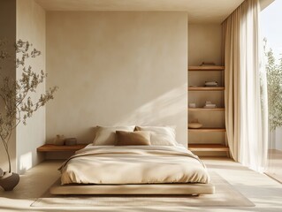 Minimalist Beige Bedroom Featuring Wooden Shelves and Natural Light