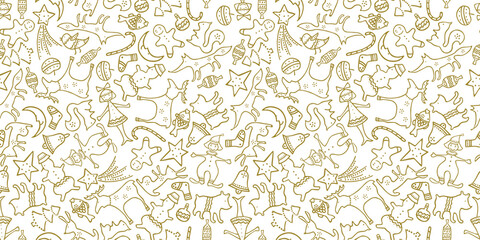 Seamless pattern of outlines new years, christmas symbols, vector background, paper, wrapping, textile, wallpaper