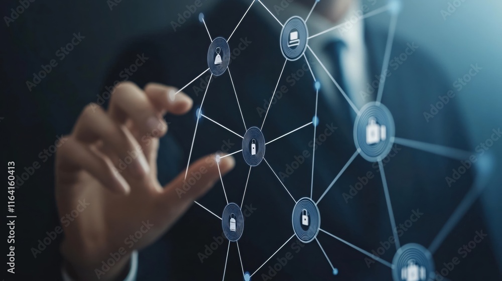 Poster businessman interacting with digital security icons in a networked environment