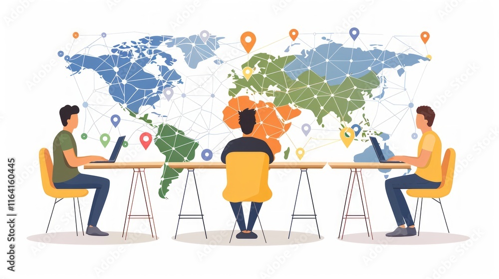Poster global teamwork three men collaborate on a project using laptops, connected by a world map illustrat