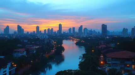 Fototapeta premium Cityscape at sunset, river, buildings, twilight.