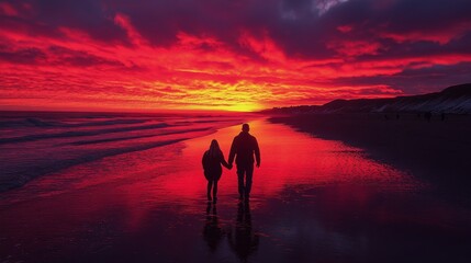 Couples walk hand in hand along the beach during a vibrant sunset reflecting on the water
