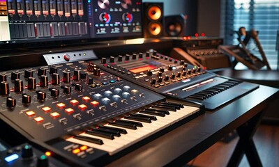 Close-up of music production studio equipment, including synthesizers, keyboards, and mixing consoles.