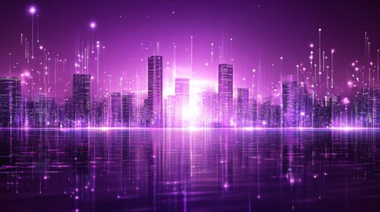 Fototapeta premium Futuristic Purple Skyline with Neon Lights and Holograms