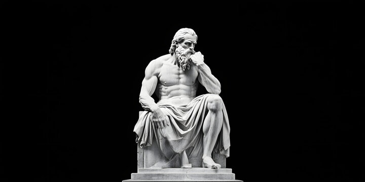 Greek sculpture of an old stoic man, roman god statue, black and white