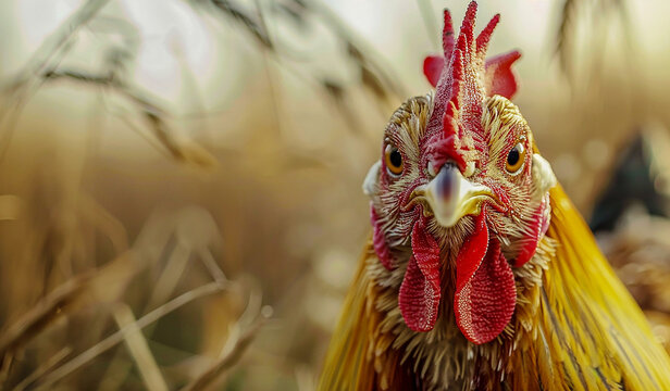 Close-up portrait of a rooster with a red crest and yellow tail against a farm background
