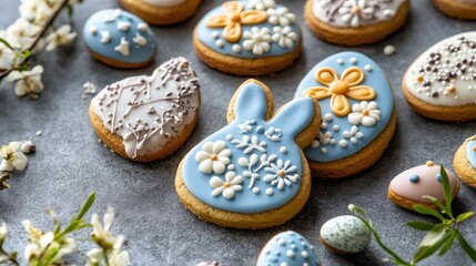 Fototapeta premium easter cookie decorating, colorful easter cookies shaped like bunnies, eggs, and flowers, adorned with spring-colored icing, make a lovely festive display