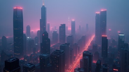 Fototapeta premium Cyberpunk Metropolis: Neon Haze and Futuristic Towers