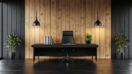 Modern Executive Office Interior Design: Dark Wood and Black Accents