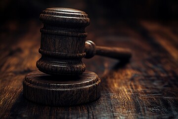 Close-up of a wooden gavel on a dark wooden surface.