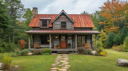 Cozy log cabin with red roof in a lush forested area during autumn
