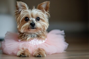 Cute black and tan chihuahua wearing pink tutu poses playfully at home