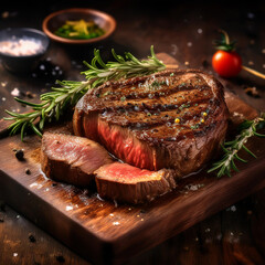 Sliced Rustic Beef Steak on Wooden Board with Rosemary, Salt, and Pepper