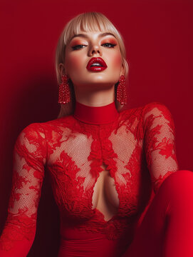 model in red lace top or lingerine