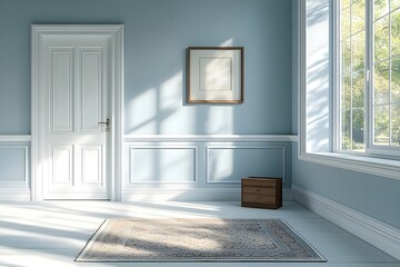 This is an interior photo with bright sky-colored walls, a white door, a small wooden chest of drawers, a carpet, a large white picture frame on the wall, and natural light coming through the window.