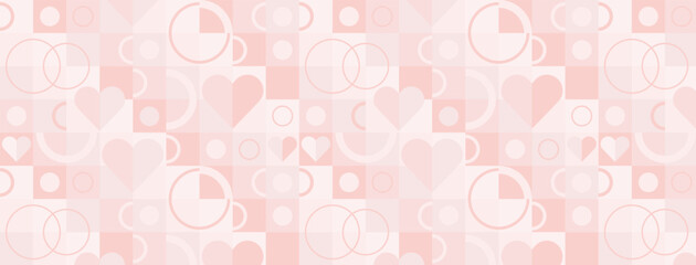 Valentine's day abstract geometric seamless pattern. Mosaic minimalist background, banner, template with simple shapes, hearts.