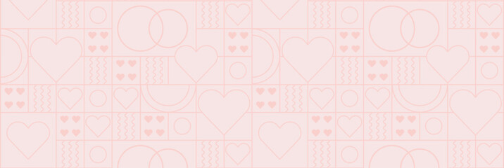 Valentine's day abstract geometric seamless pattern. Mosaic minimalist background, banner, template with simple shapes, hearts.