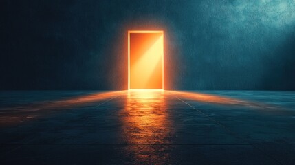 Bright Open Doorway Illuminating Floor in Dark Room Creating Atmosphere of Mystery, Hope, and Opportunity in Surreal Urban Setting