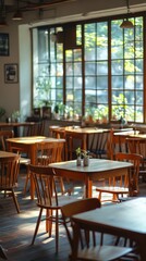 Fototapeta premium Cozy dining area with wooden tables and chairs in a well-lit restaurant setting