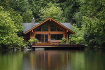 Serene log cabin retreat surrounded by lush greenery and tranquil waters in the morning light