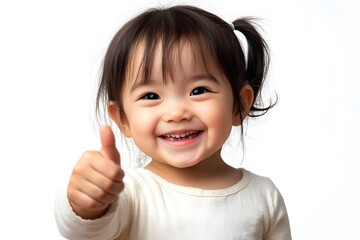 On a white background, a young Asia child wearing a white T-shirt and pigtails is smiling brightly and giving a thumbs up with one hand.