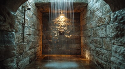 Modern shower design in a rustic stone bathroom with soft lighting in a cozy atmosphere