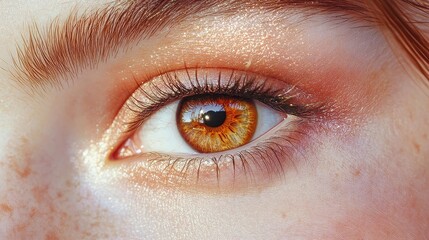 Obraz premium Close-Up of a Human Eye with Golden Brown Iris and Sparkling Makeup Highlighting Eyelashes and Eyebrow Details