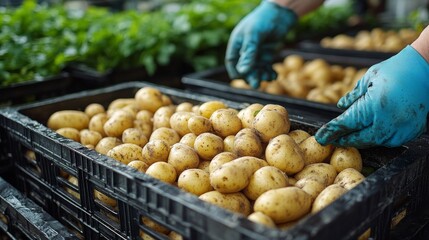 Hands sorting fresh potatoes in a farm warehouse during harvest season