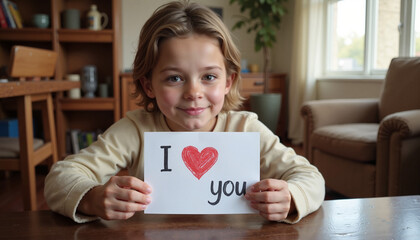 Happy child holding a heartfelt "I love you" message


