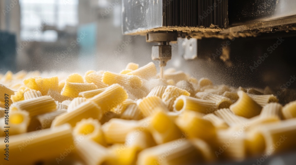 Aufkleber a close-up view of freshly produced pasta being processed in a factory.