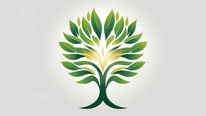 Modern Tree Logo with Vibrant Green Leaves and Golden Glow on White Background