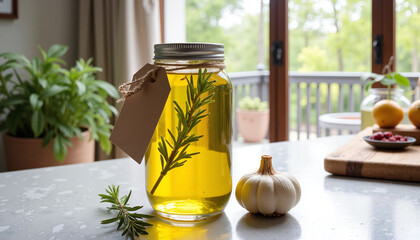 Aromatic infused olive oil with rosemary and garlic for culinary delights