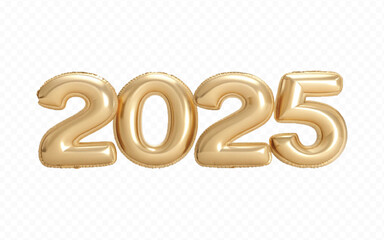 abstract 3d 2025 text made with high resolution different premium golden colour hellium in topview balloons isolated on white background