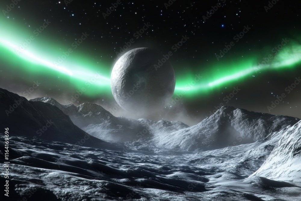 Poster exploring a distant planet under a vibrant aurora and a massive moon