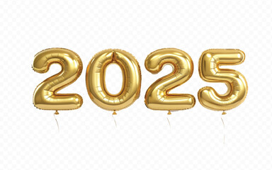 abstract 3d 2025 text made with high resolution different premium golden colour hellium in topview balloons isolated on white background