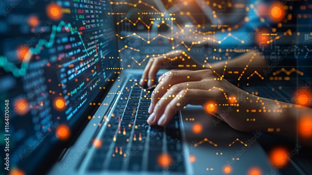 Poster hands typing on laptop keyboard with financial data overlay.