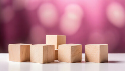Obraz premium 5 wooden cubes. Wood blocks. Flat lay. Place for adding text or design. Mock-up.